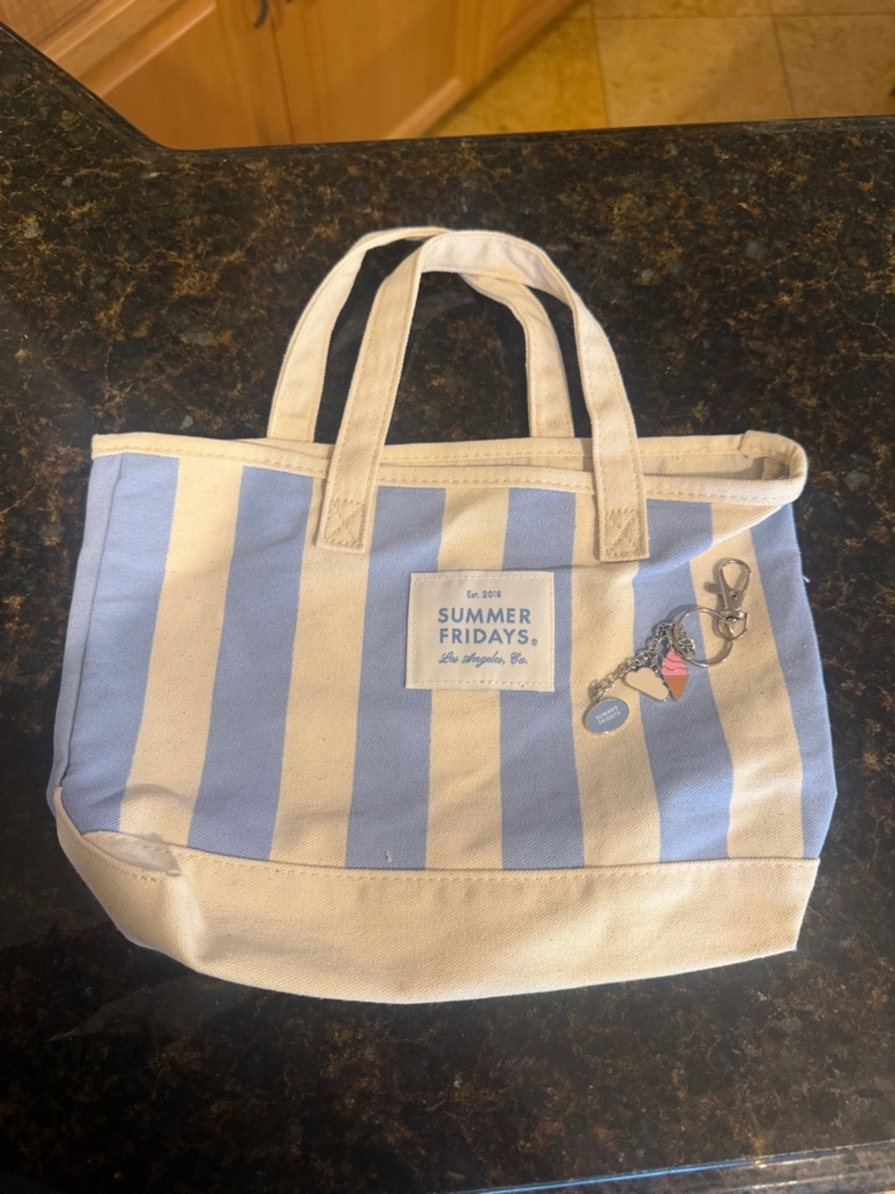 Summer Fridays Striped Canvas Tote - Light Blue & White and Keychain